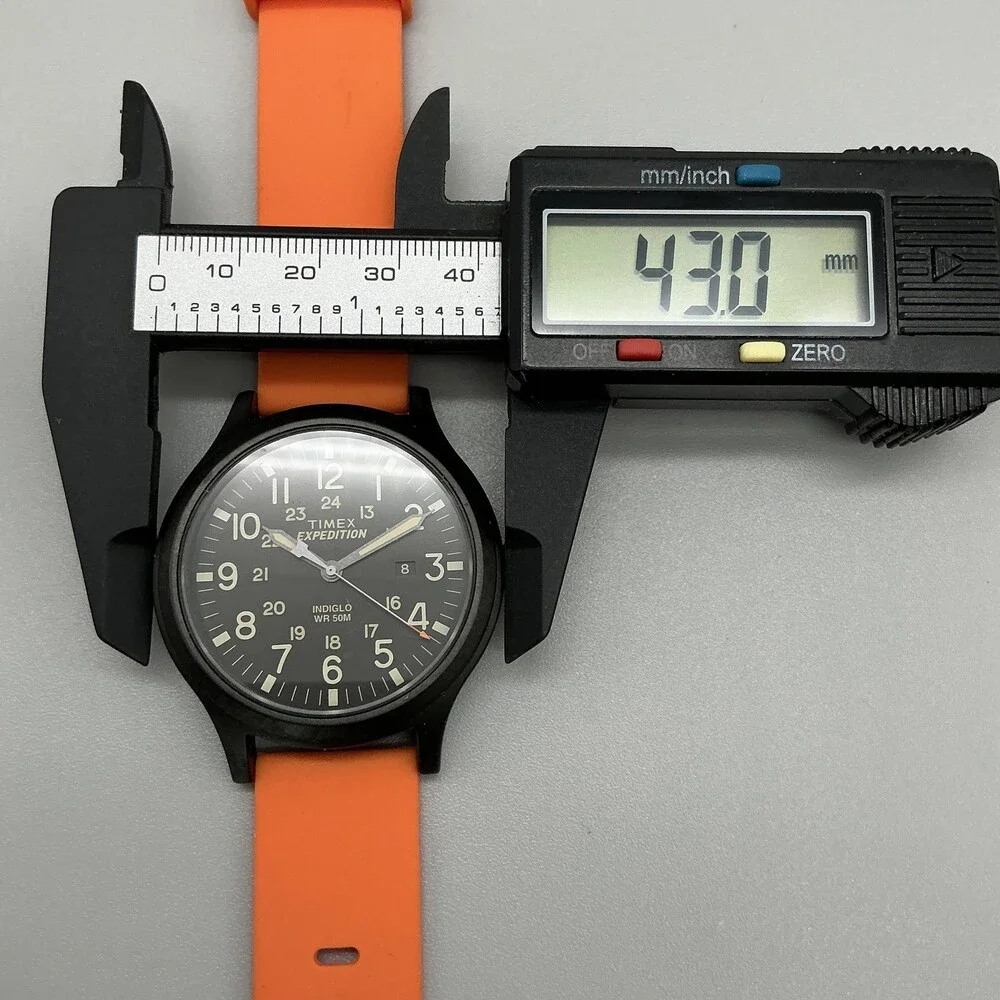 Timex Expedition Mens Watch 43mm Black Dial Orange Silicone Indiglo Date WR 50M